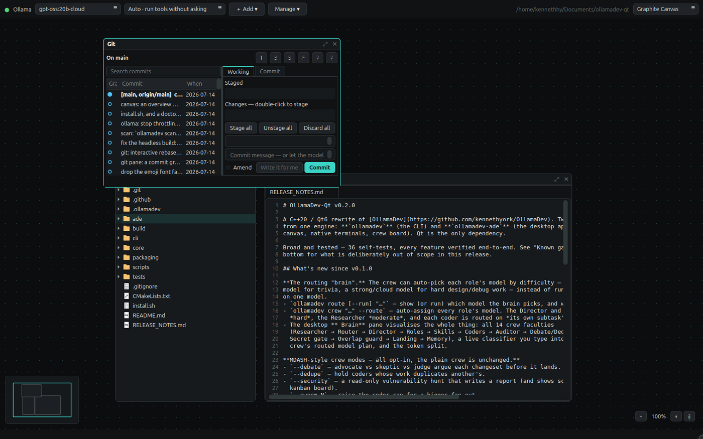 The git pane: commit graph with lanes, branches, stashes, tags, staged and unstaged changes